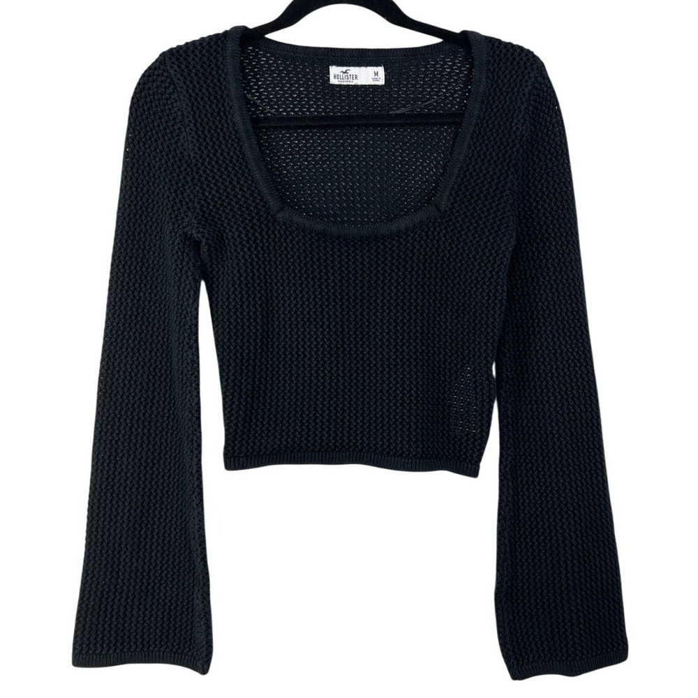 Hollister Womens Black Textured Knit Flare Sleeve Square Neck Crop Sweater M